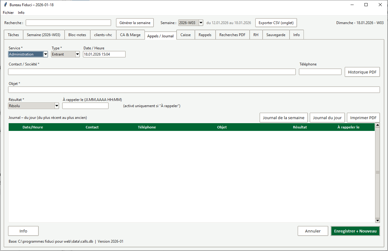 Appels / Journal — suivi des appels téléphoniques